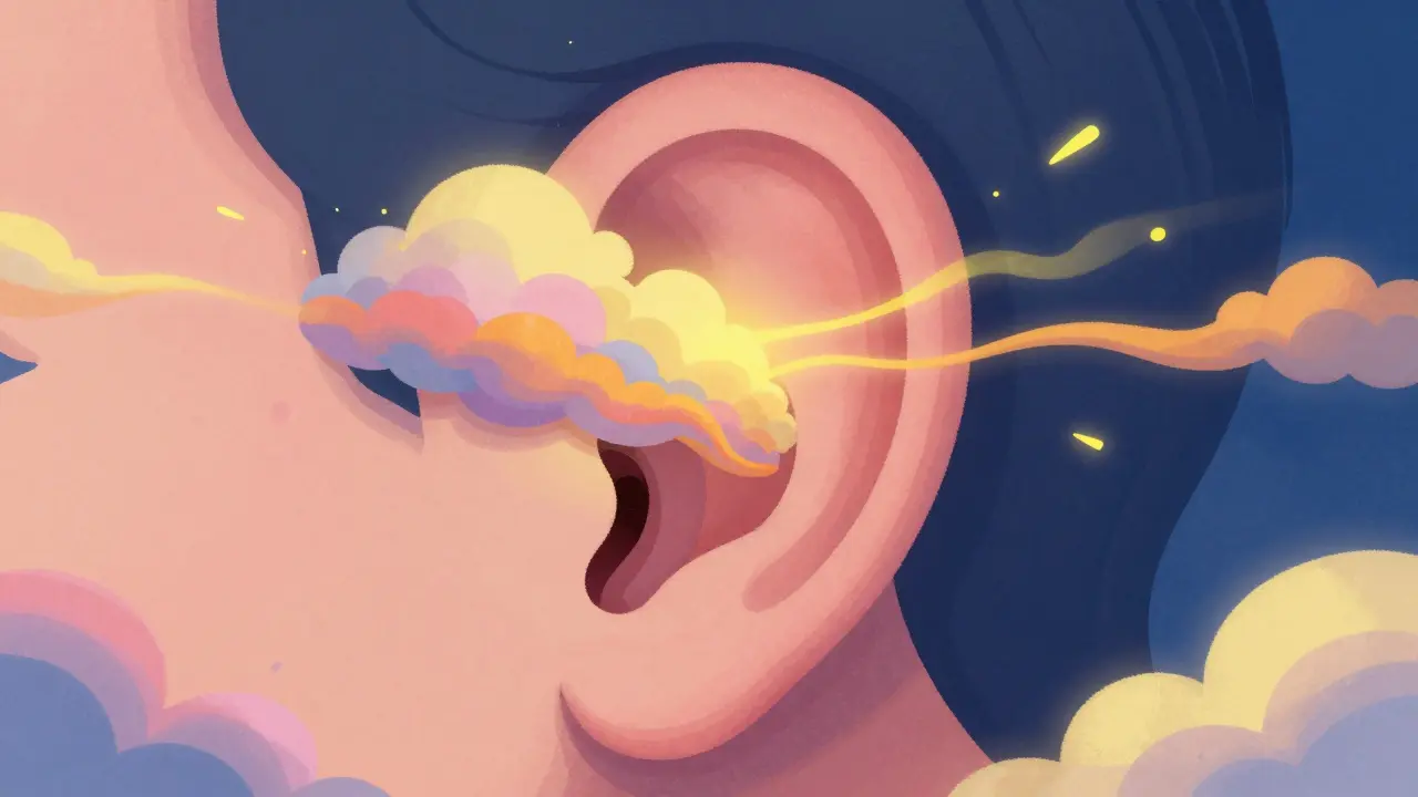 炎症で塞がった耳管を、雲が詰まった不思議な通路として描いたイラスト
