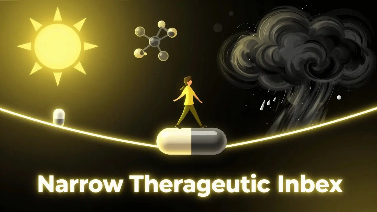 有効量と中毒量の狭い境界線を綱渡りする人物と巨大な錠剤の抽象画