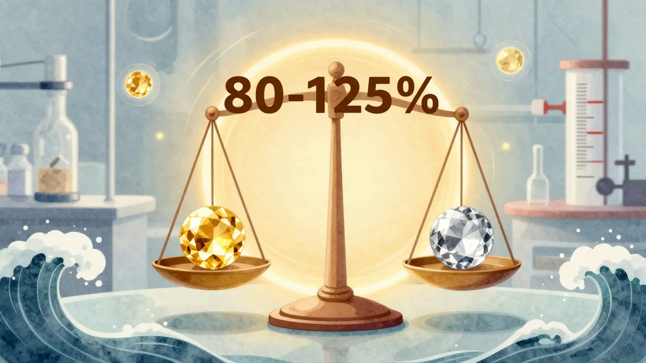 80-125%ルールを表現した、黄金色と銀色の宝石が完璧にバランスを取る魔法の秤。