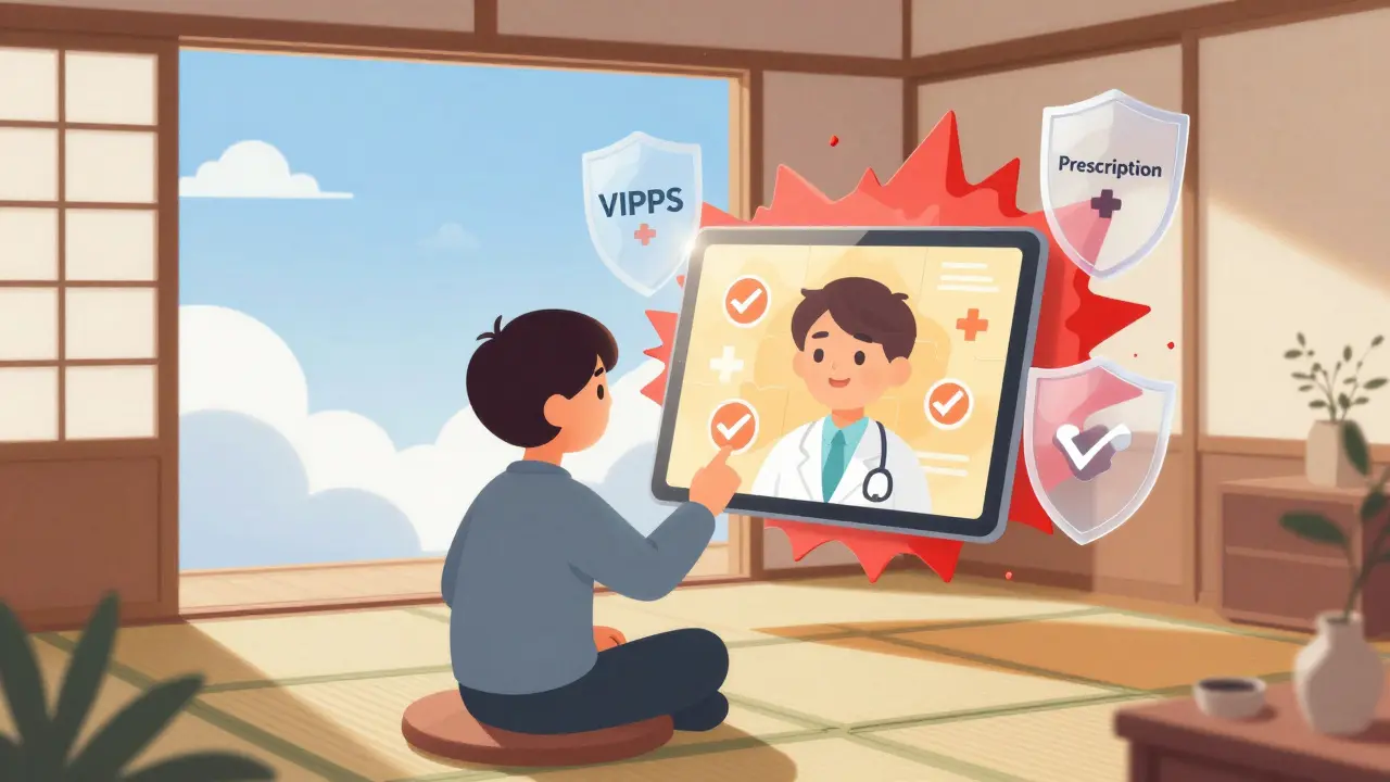 安全なオンライン診療と信頼できる薬局の概念を示すイラスト