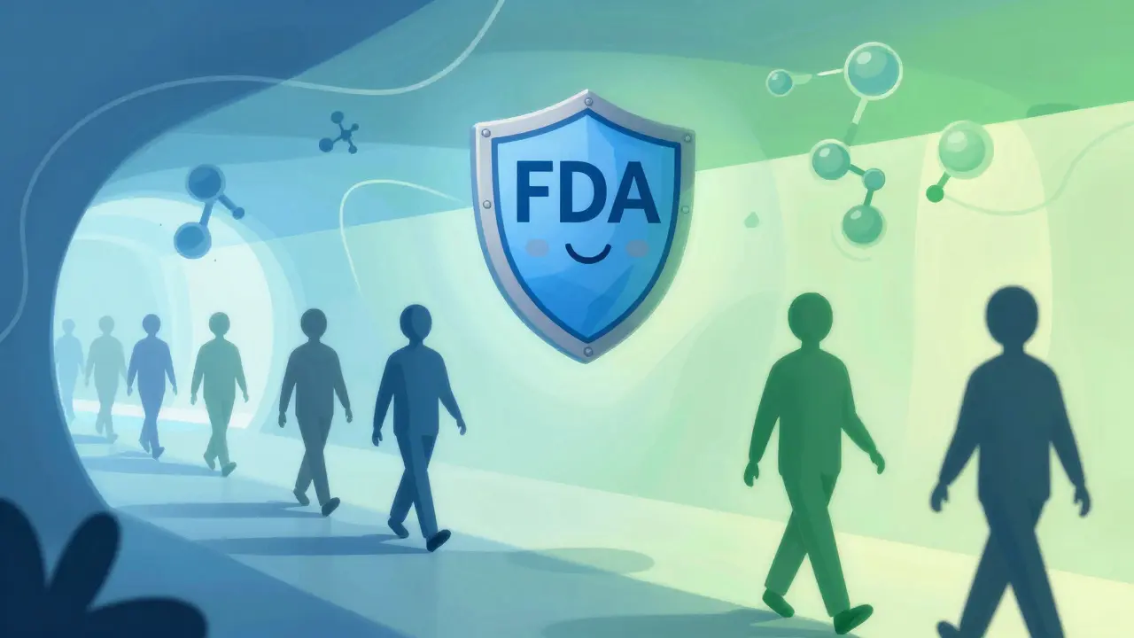 FDAの承認プロセスと臨床試験を、光のトンネルを通る人々と盾の形で抽象的に描いた図。