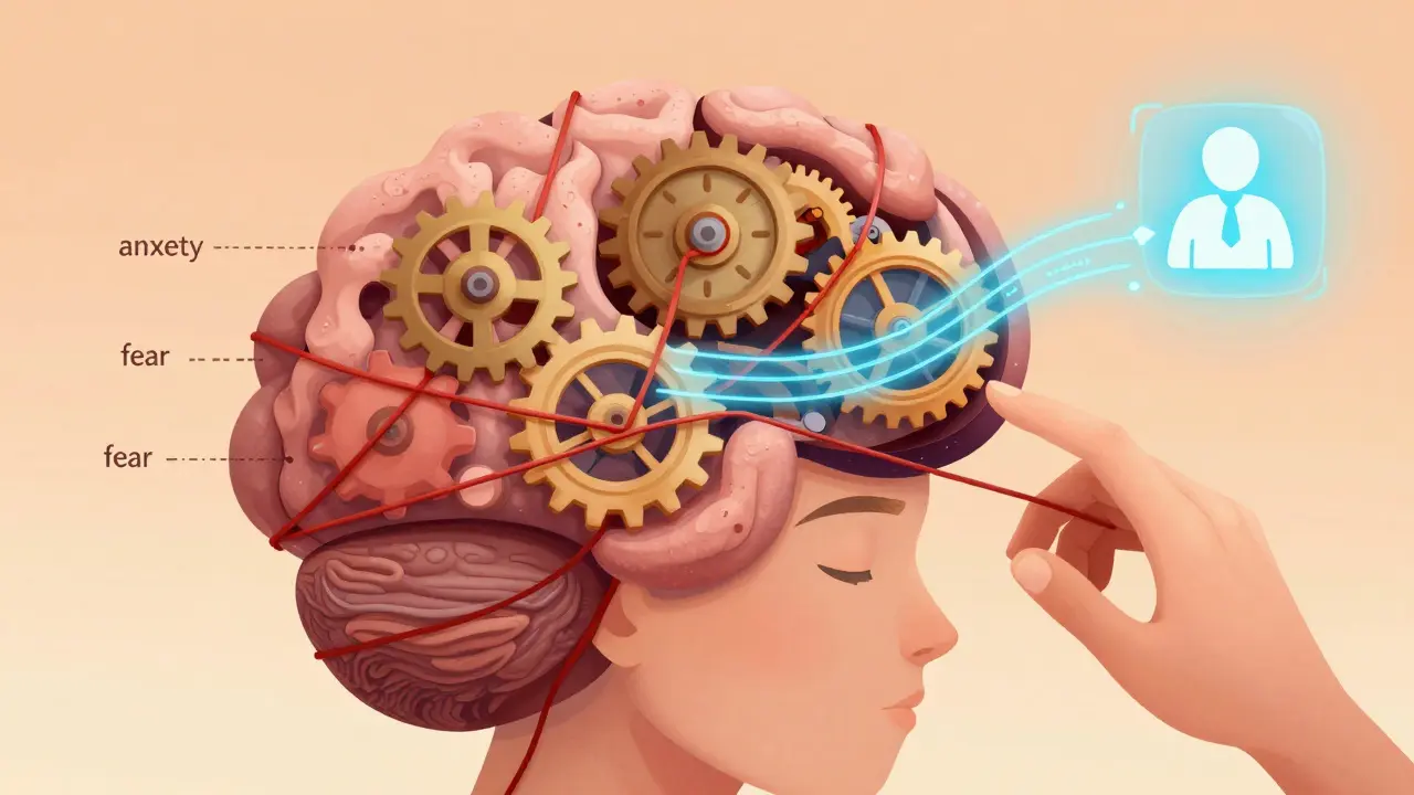 薬剤師の支援により不安が解消され、服薬遵守が進む様子を描いた surrealist アート
