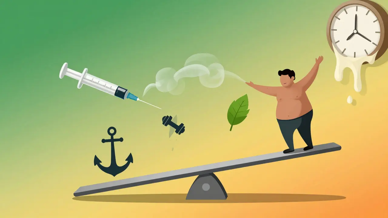 薬中止後の体重リバウンドを象徴するシーソーのイラスト