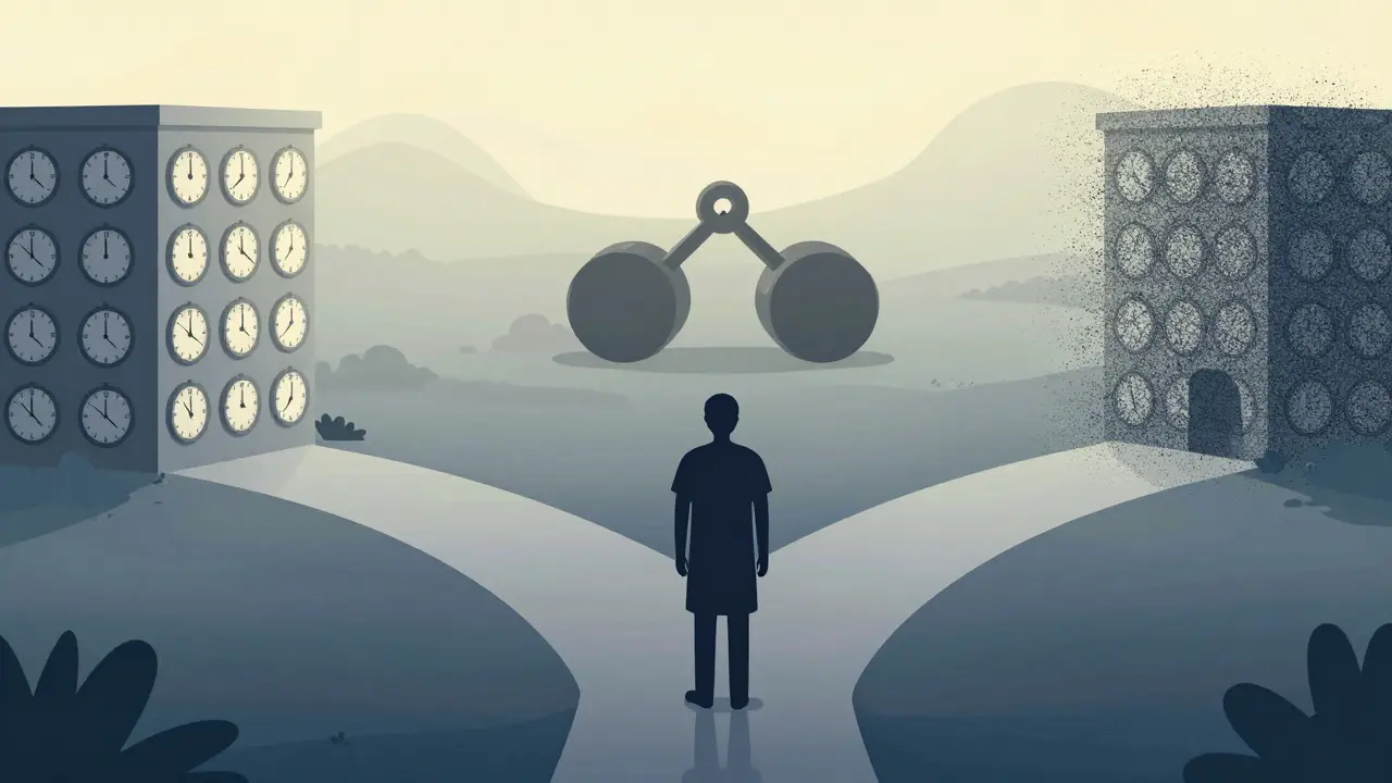 医療従事者が直面する倫理的ジレンマと戦略的課題を示す抽象風景