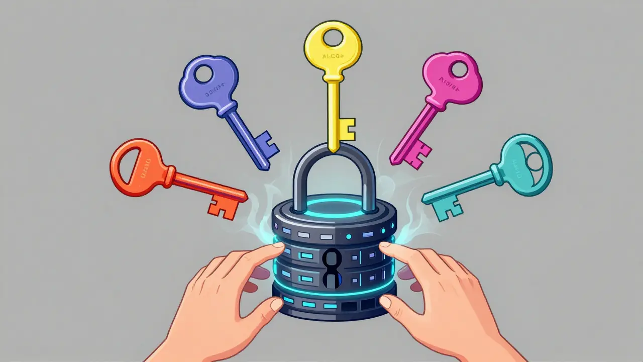 ALCOA+原則を表す魔法の鍵とデータベースのロックのイラスト