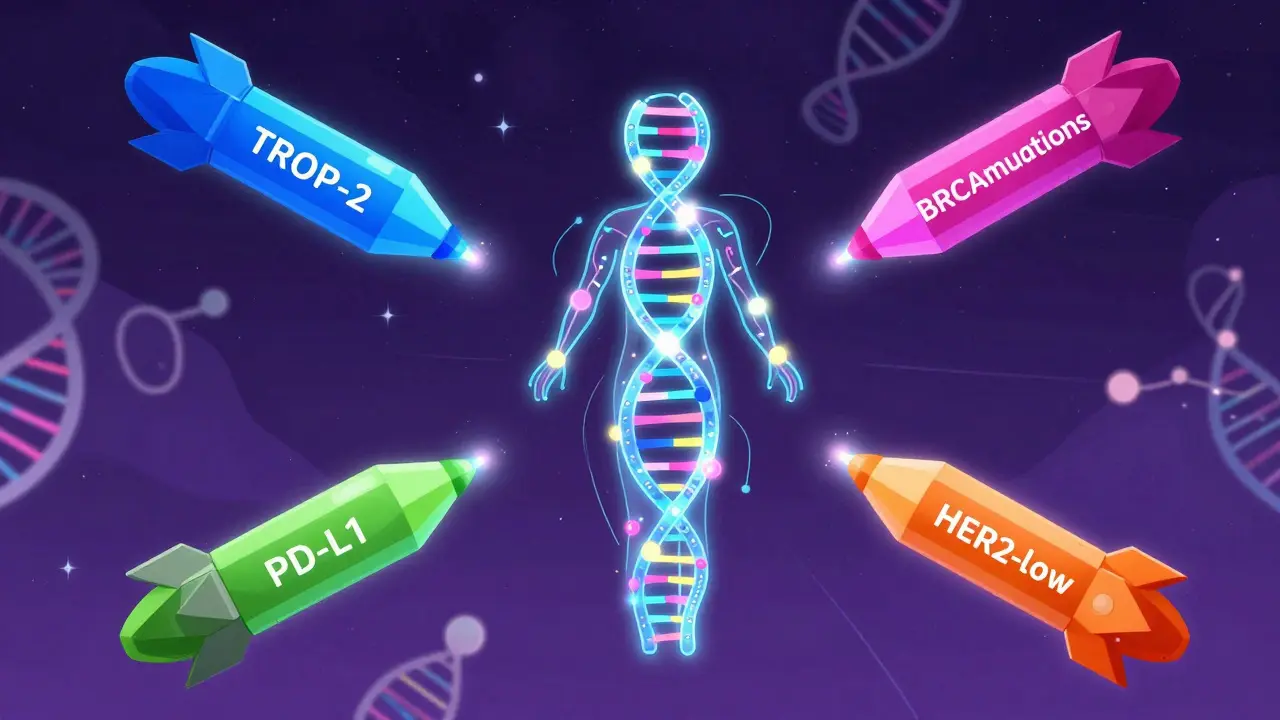 バイオマーカーに基づく精密医療。遺伝子構造を狙う多彩な標的治療薬のメタファー。