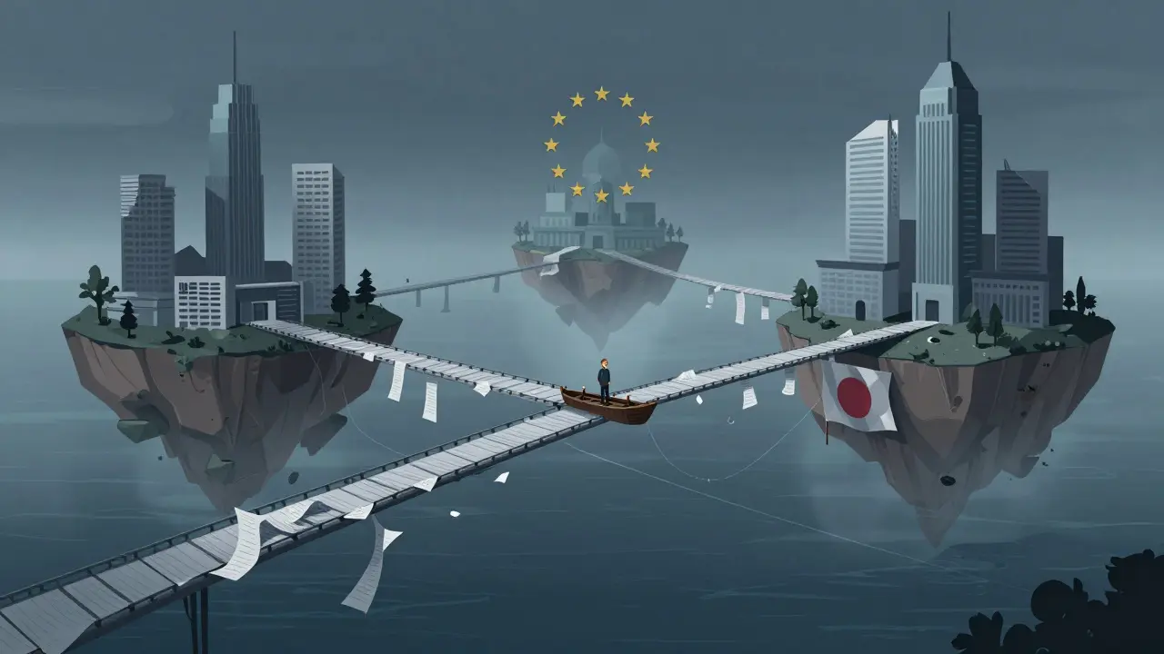 各国の規制の違いを示す浮遊する島々と断たれた橋の超現実的アート