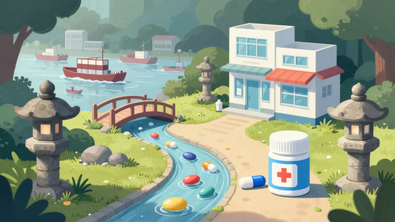 日本国内での安全な医薬品入手経路を表す庭園風イラスト