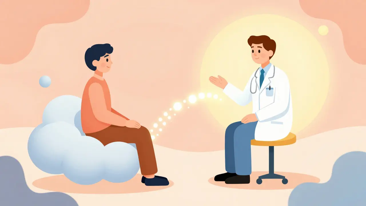 抽象的なイラスト：医師との相談と電子処方箋の安全なやり取りを表現した光の橋